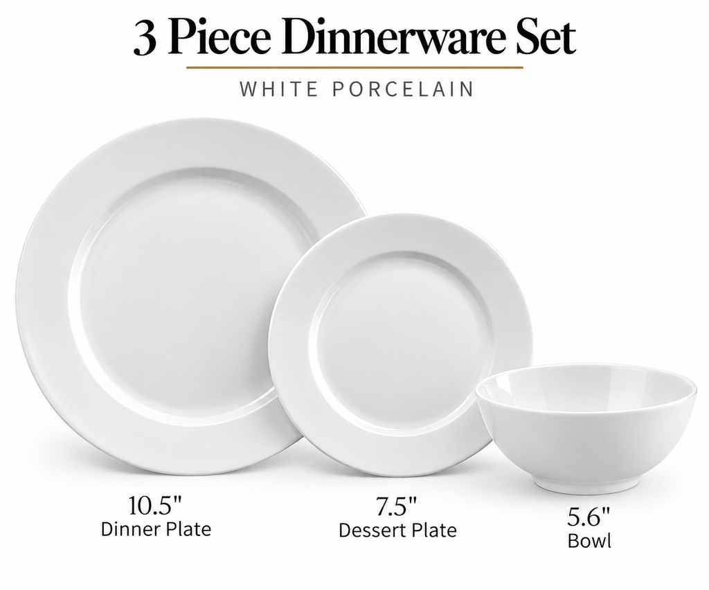 3-Piece White Porcelain Dinnerware Set