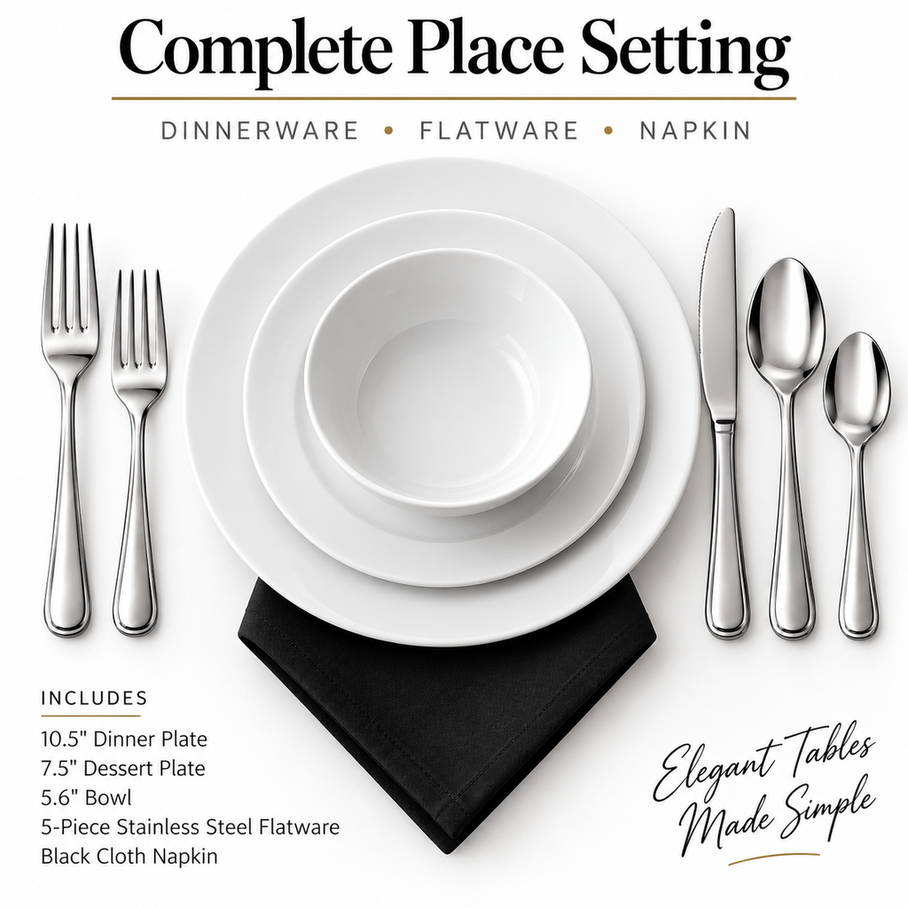 Complete Place Setting – Dinnerware, Flatware & Napkin